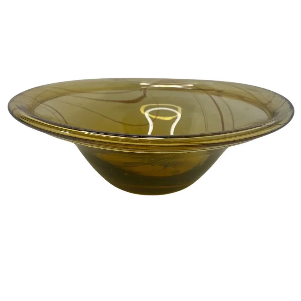 Amber Yellow Art Glass Decorative Fruit Bowl‎ Swirl Hand-Blown Mexico 12